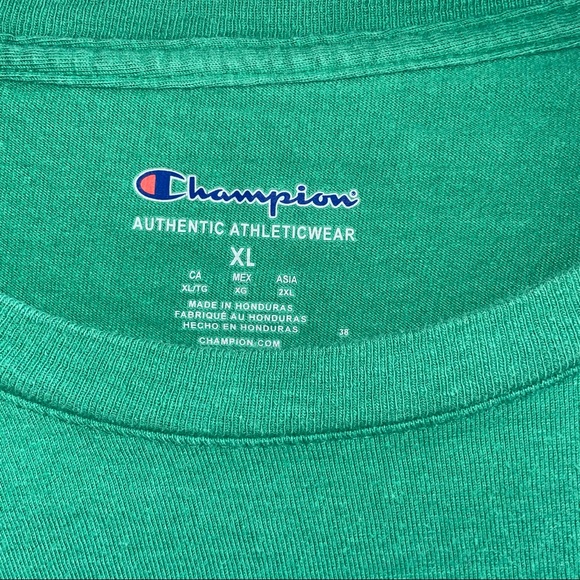 Champion Logo lettering T-Shirt Men’s X-Large Green Crew Neck Tee shirt sleeve - Picture 8 of 11